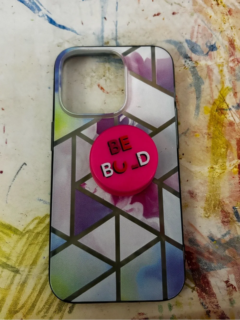 iPhone 15 Case with Pink BE BOLD Pop Socket- Geometric Pastel Design